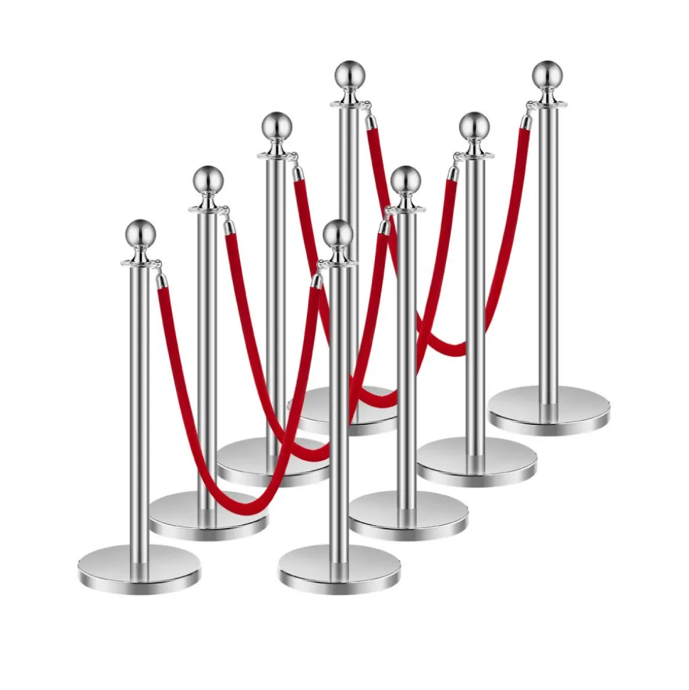 VEVOR Stanchions and Velvet Ropes 8Pcs, Hollow Base with Stainless Steel Post, 4 Red Velvet Ropes and Posts, Crowd Control Barriers Silver Stanchions, Red Carpet Runner Poles for Party Supplies