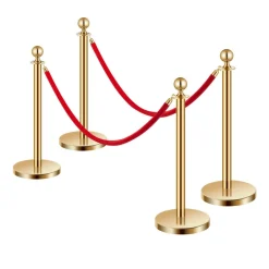 VEVOR Stanchions and Velvet Ropes 4Pcs, Hollow Base with Stainless Steel Post, 2 Red Velvet Ropes and Posts, Crowd Control Barriers Gold Stanchions, Red Carpet Runner Poles for Party Supplies