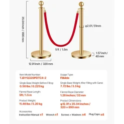 VEVOR Stanchions and Velvet Ropes 4Pcs, Hollow Base with Stainless Steel Post, 2 Red Velvet Ropes and Posts, Crowd Control Barriers Gold Stanchions, Red Carpet Runner Poles for Party Supplies