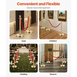 VEVOR Stanchions and Velvet Ropes 4Pcs, Hollow Base with Stainless Steel Post, 2 Red Velvet Ropes and Posts, Crowd Control Barriers Gold Stanchions, Red Carpet Runner Poles for Party Supplies