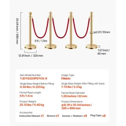 VEVOR Stanchions and Velvet Ropes 8Pcs, Hollow Base with Stainless Steel Post, 6 Red Velvet Ropes and Posts, Crowd Control Barriers Gold Stanchions, Red Carpet Runner Poles for Party Supplies
