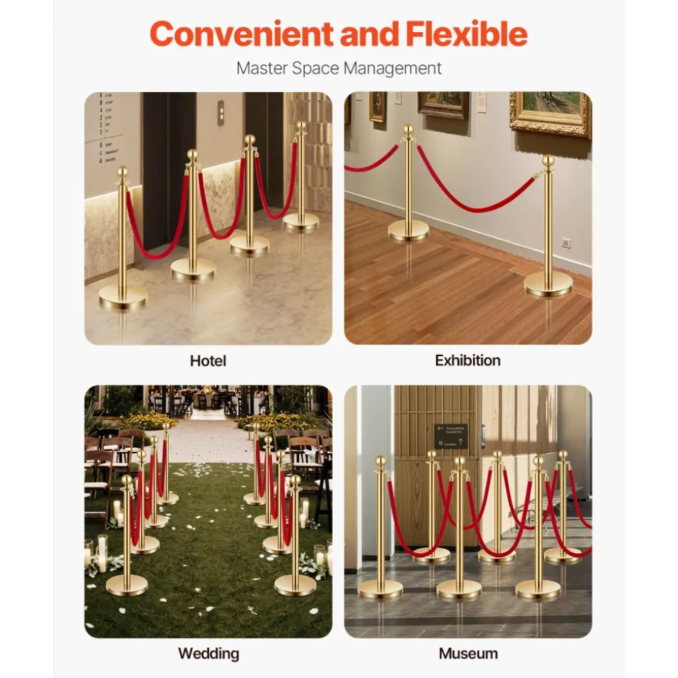 VEVOR Stanchions and Velvet Ropes, 6 Pcs Crowd Control Barriers with 4 Black Velvet Ropes, Stainless Steel Stanchion Post Queue with Sand Injection Hollow Base for Theater, Wedding, Party Supplies