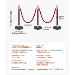 VEVOR Stanchions and Velvet Ropes, 6 Pcs Crowd Control Barriers with 4 Red Velvet Ropes, Stainless Steel Stanchion Post Queue with Sand Injection Hollow Base for Theater, Wedding, Party Supplies