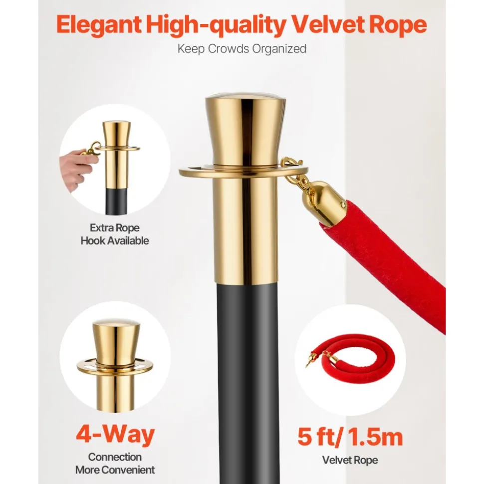 VEVOR Stanchions and Velvet Ropes, 6 Pcs Crowd Control Barriers with 4 Red Velvet Ropes, Stainless Steel Stanchion Post Queue with Sand Injection Hollow Base for Theater, Wedding, Party Supplies
