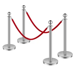 VEVOR Stanchions and Velvet Ropes 4Pcs, Hollow Base with Stainless Steel Post, 2 Red Velvet Ropes and Posts, Crowd Control Barriers Silver Stanchions, Red Carpet Runner Poles for Party Supplies