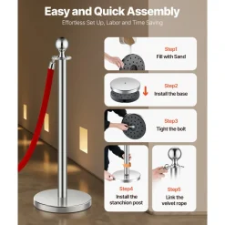 VEVOR Stanchions and Velvet Ropes 4Pcs, Hollow Base with Stainless Steel Post, 2 Red Velvet Ropes and Posts, Crowd Control Barriers Silver Stanchions, Red Carpet Runner Poles for Party Supplies