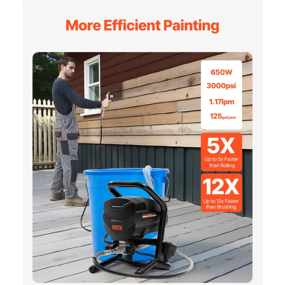 VEVOR Stand Airless Paint Sprayer, 950W 3000PSI High Efficiency Electric Airless Sprayer With Cart, Paint Sprayers for Home Interior and Exterior Furniture and Fences, Fine And Even Painting Effect