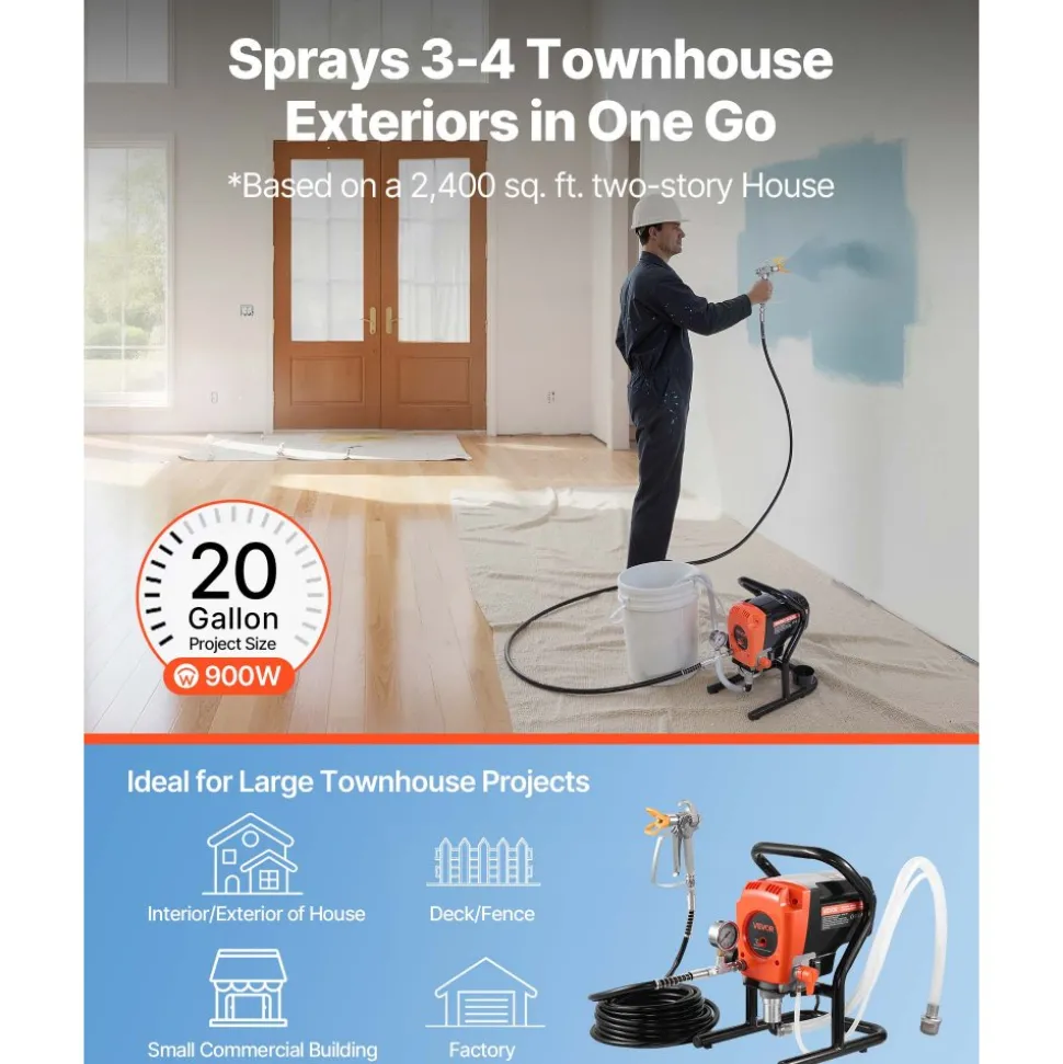 VEVOR Stand Airless Paint Sprayer, 900W, 3300PSI High Pressure Airless Sprayer, Cleaning Brush, Hose, Extension Rod, Nozzles, Electric Spray Paint Machine for Interior or Exterior of House, Fence