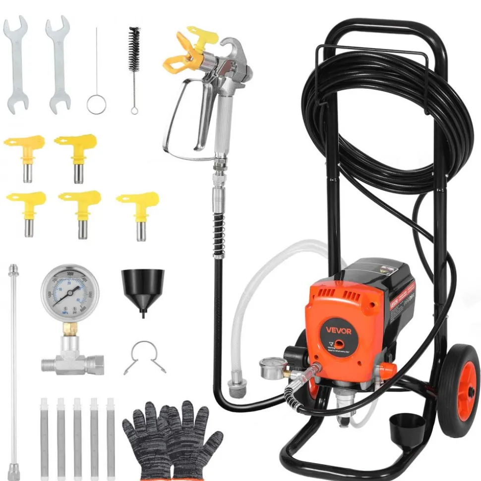 VEVOR Stand Airless Paint Sprayer, 900W, 3300PSI High Pressure Airless Sprayer with Cart, Cleaning Brush, Hose, Extension Rod, Nozzles, Electric Spray Paint Machine for Interior or Exterior of House
