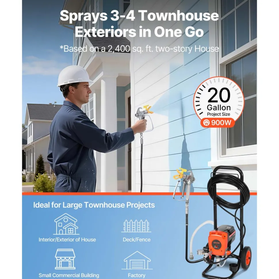 VEVOR Stand Airless Paint Sprayer, 900W, 3300PSI High Pressure Airless Sprayer with Cart, Cleaning Brush, Hose, Extension Rod, Nozzles, Electric Spray Paint Machine for Interior or Exterior of House