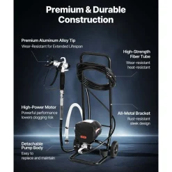 VEVOR Stand Airless Paint Sprayer, 1500W, 3300PSI High Pressure Airless Sprayer, Cleaning Brush, Hose, Extension Rod, Nozzles, Electric Spray Paint Machine for Large Apartments, Factory Buildings