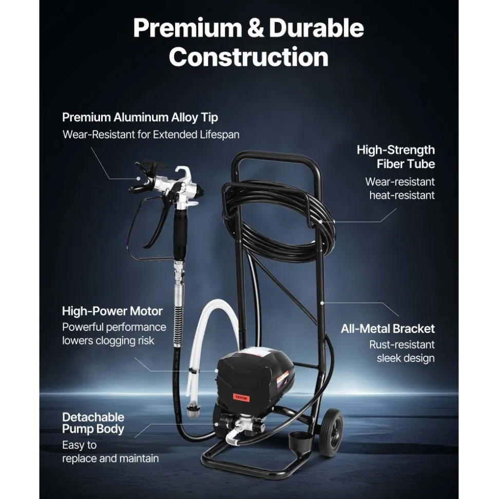 VEVOR Stand Airless Paint Sprayer, 1500W, 3300PSI High Pressure Airless Sprayer, Cleaning Brush, Hose, Extension Rod, Nozzles, Electric Spray Paint Machine for Large Apartments, Factory Buildings