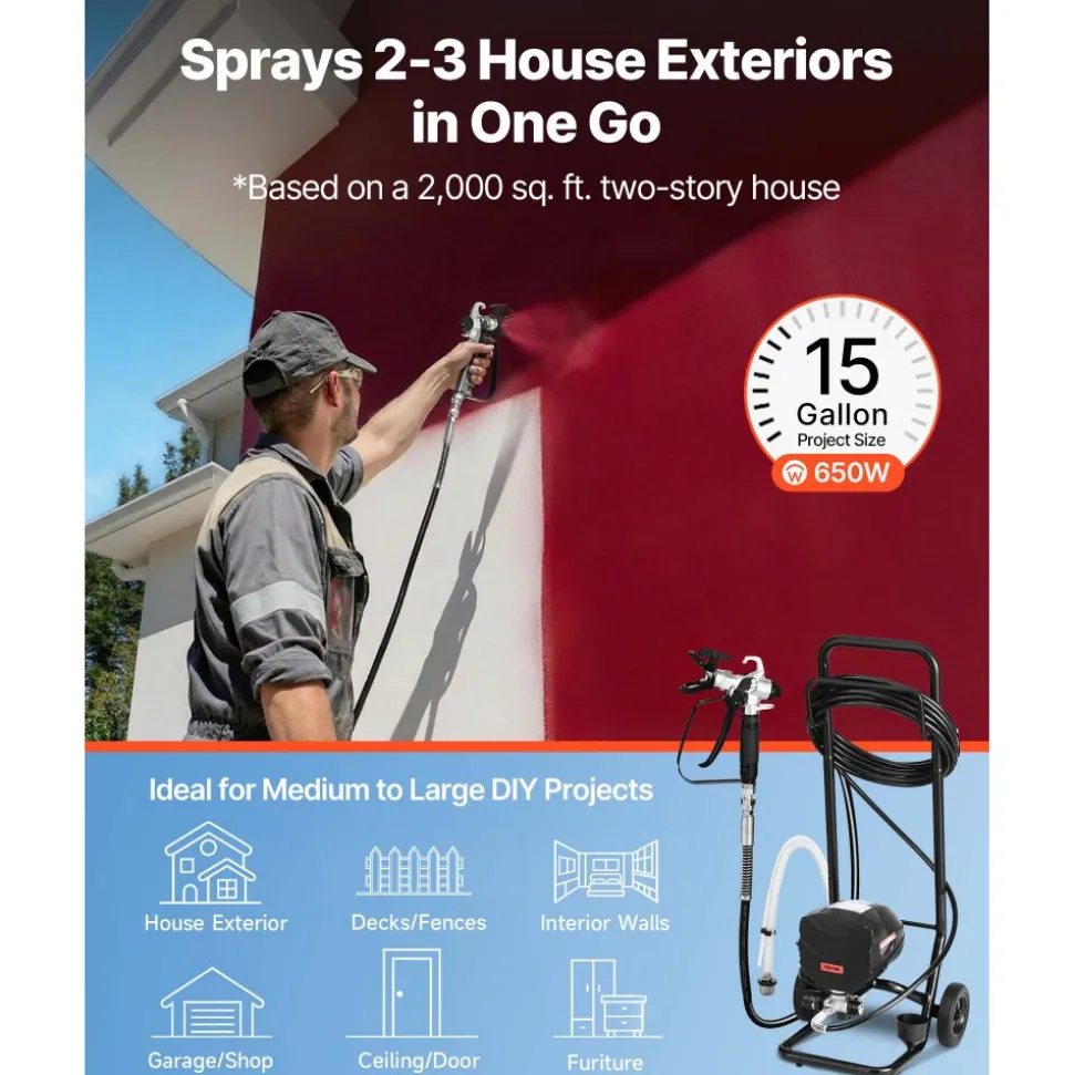 VEVOR Stand Airless Paint Sprayer, 1500W, 3300PSI High Pressure Airless Sprayer, Cleaning Brush, Hose, Extension Rod, Nozzles, Electric Spray Paint Machine for Large Apartments, Factory Buildings