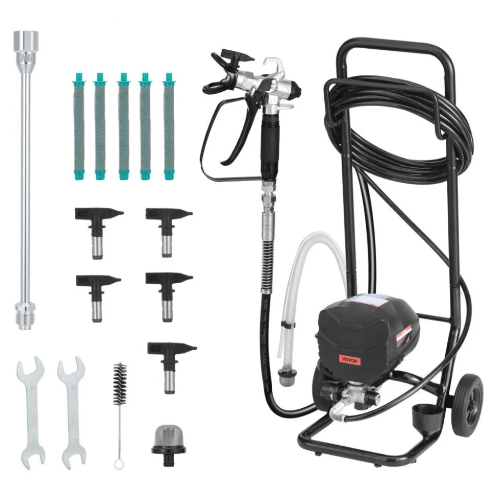 VEVOR Stand Airless Paint Sprayer, 1500W, 3300PSI High Pressure Airless Sprayer, Cleaning Brush, Hose, Extension Rod, Nozzles, Electric Spray Paint Machine for Large Apartments, Factory Buildings