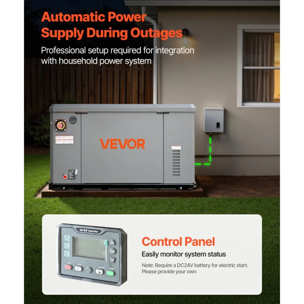 VEVOR Standby Generator, Dual Fuel Whole Home Generator, LPG 22Kw Max Power & Natural Gas 20Kw Max Power, Whole House Power Backup For Home Backup, Camping, AVR Voltage Regulation, LCD Display