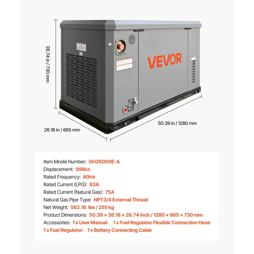 VEVOR Standby Generator, Dual Fuel Whole Home Generator, LPG 22Kw Max Power & Natural Gas 20Kw Max Power, Whole House Power Backup For Home Backup, Camping, AVR Voltage Regulation, LCD Display