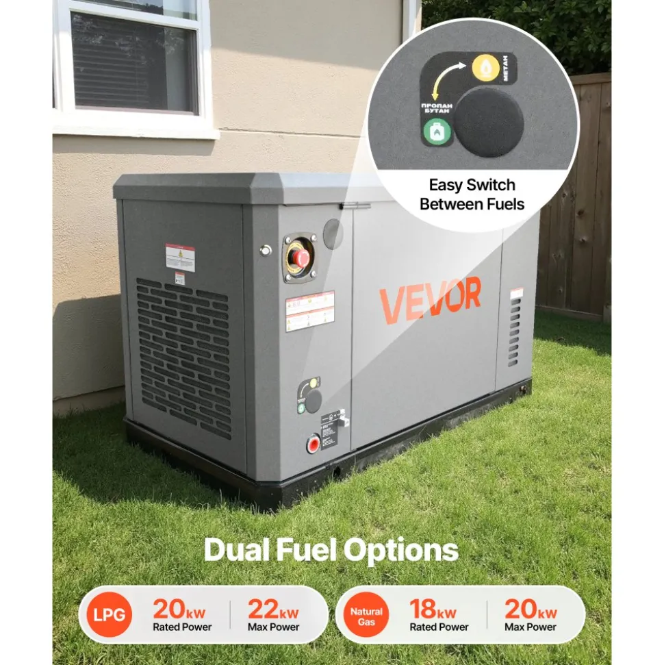 VEVOR Standby Generator, Dual Fuel Whole Home Generator, LPG 22Kw Max Power & Natural Gas 20Kw Max Power, Whole House Power Backup For Home Backup, Camping, AVR Voltage Regulation, LCD Display