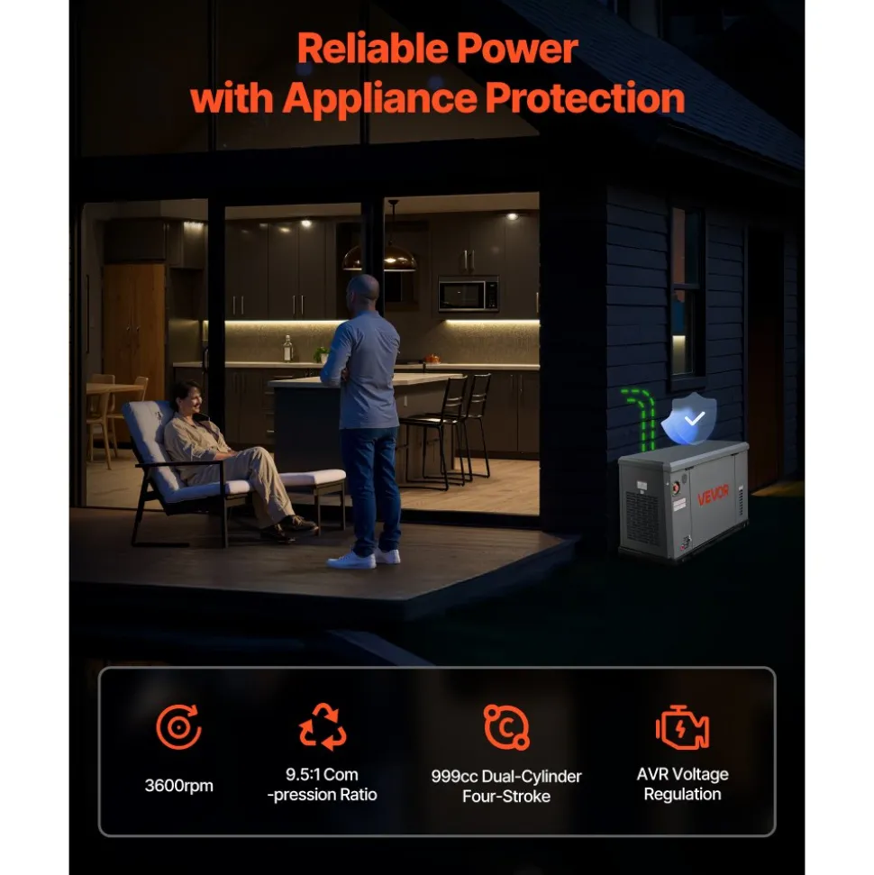 VEVOR Standby Generator, Dual Fuel Whole Home Generator, LPG 22Kw Max Power & Natural Gas 20Kw Max Power, Whole House Power Backup For Home Backup, Camping, AVR Voltage Regulation, LCD Display
