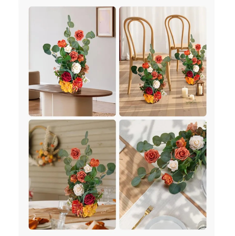 VEVOR Standing Artificial Flowers Arrangements 4 PCS, 17.5-Inch Tall Faux Flower Decorations for Wedding Aisle Runner Chair, Orange Floral Centerpieces for Ceremony Reception Party Outdoor Decor