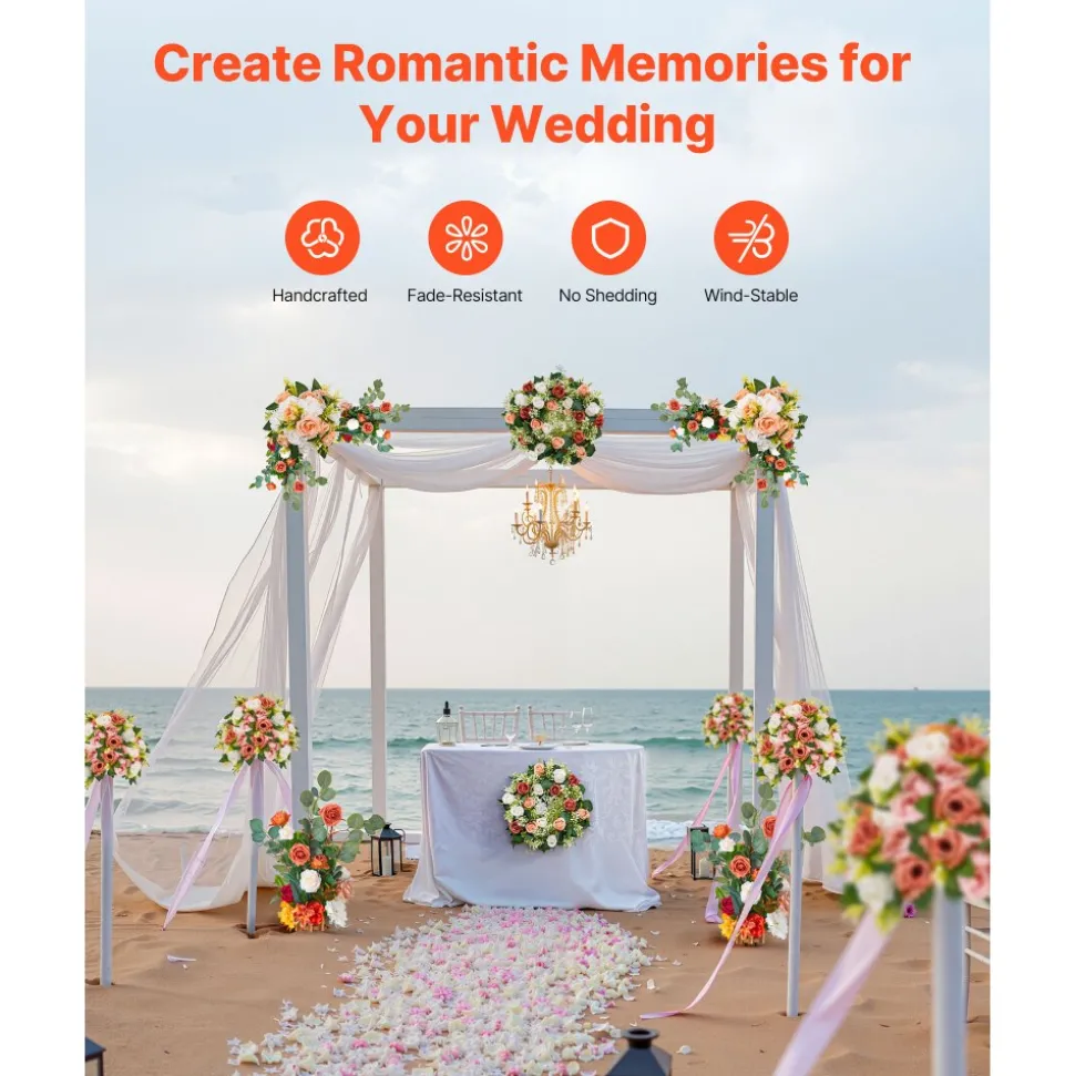 VEVOR Standing Artificial Flowers Arrangements 4 PCS, 17.5-Inch Tall Faux Flower Decorations for Wedding Aisle Runner Chair, Orange Floral Centerpieces for Ceremony Reception Party Outdoor Decor