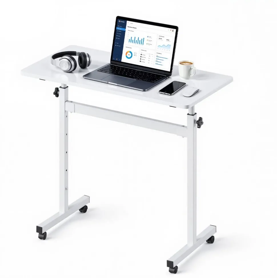 VEVOR Standing Desk, Adjustable Height Mobile Stand Up Desk with Lockable Casters, 32 x 16 in Small Computer Sit Stand Rolling Workstation with Hook, 55.1 lbs Desktop Capacity, for Home Office, White