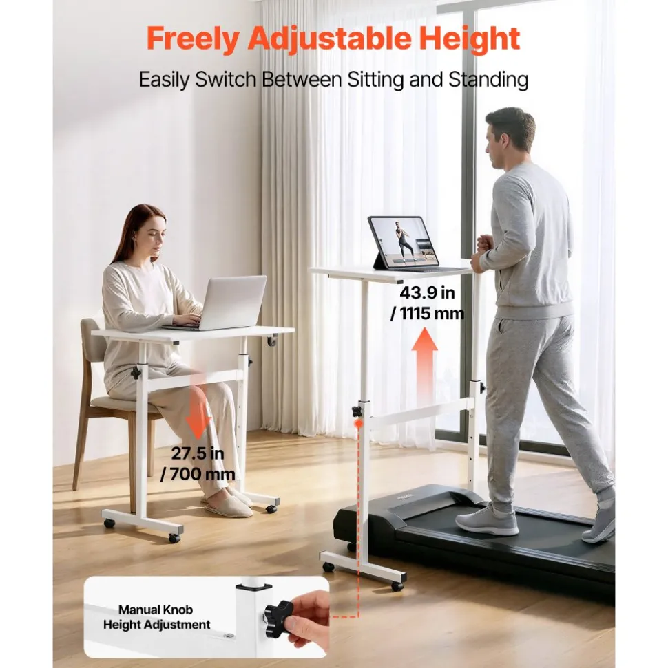 VEVOR Standing Desk, Adjustable Height Mobile Stand Up Desk with Lockable Casters, 32 x 16 in Small Computer Sit Stand Rolling Workstation with Hook, 55.1 lbs Desktop Capacity, for Home Office, White