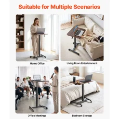 VEVOR Standing Desk, Adjustable Height Mobile Stand Up Desk with 4 Casters, 25.6 x 19 in Small Computer Sit Stand Rolling Workstation with Hook, 33 lbs Desktop Capacity, Ideal for Home Office, Brown