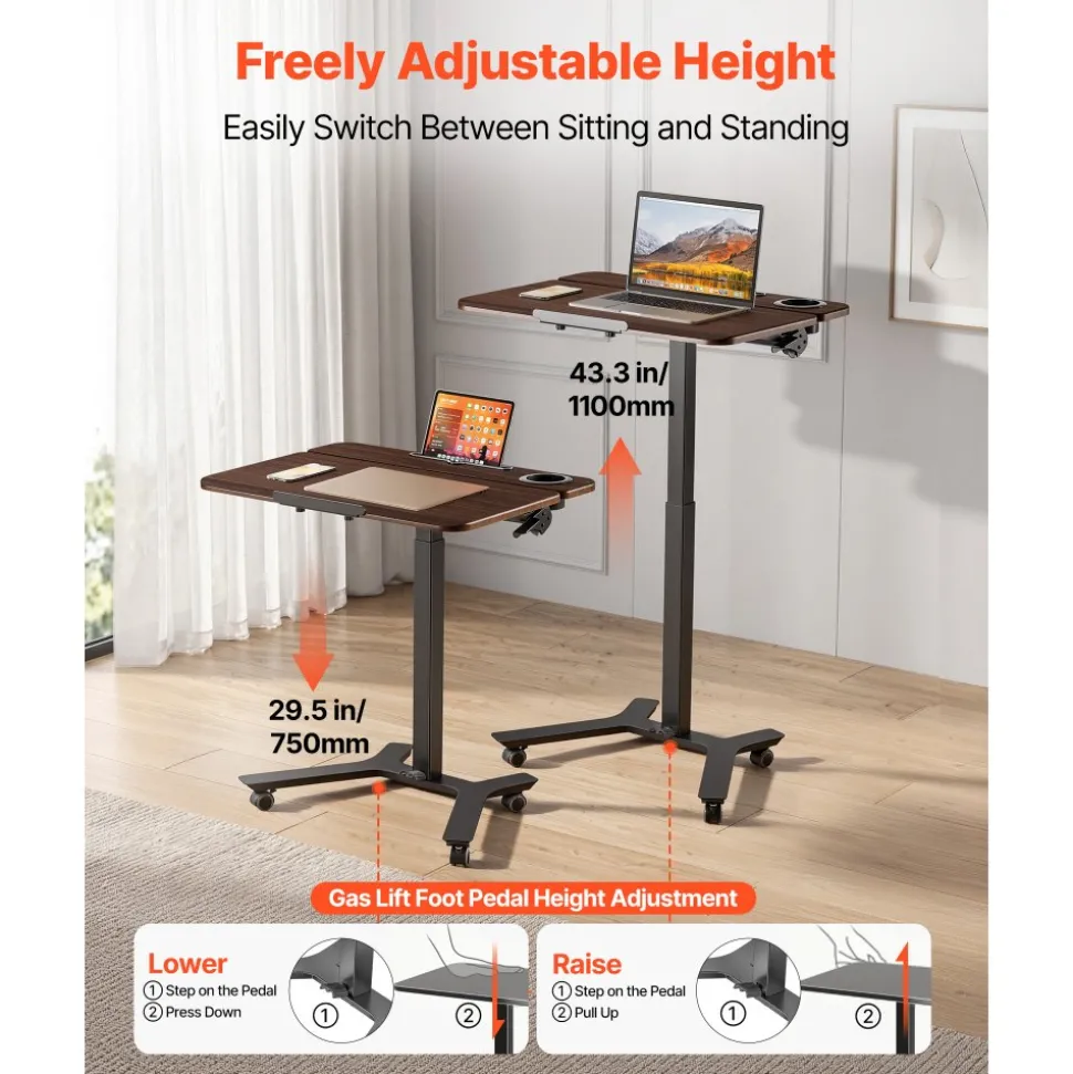 VEVOR Standing Desk, Adjustable Height Mobile Stand Up Desk with Tilting Desktop, 28.2 x 20.7 in Small Computer Sit Stand Workstation, 33 lbs Capacity, Foot Pedal Pneumatic Lift for Home, Office