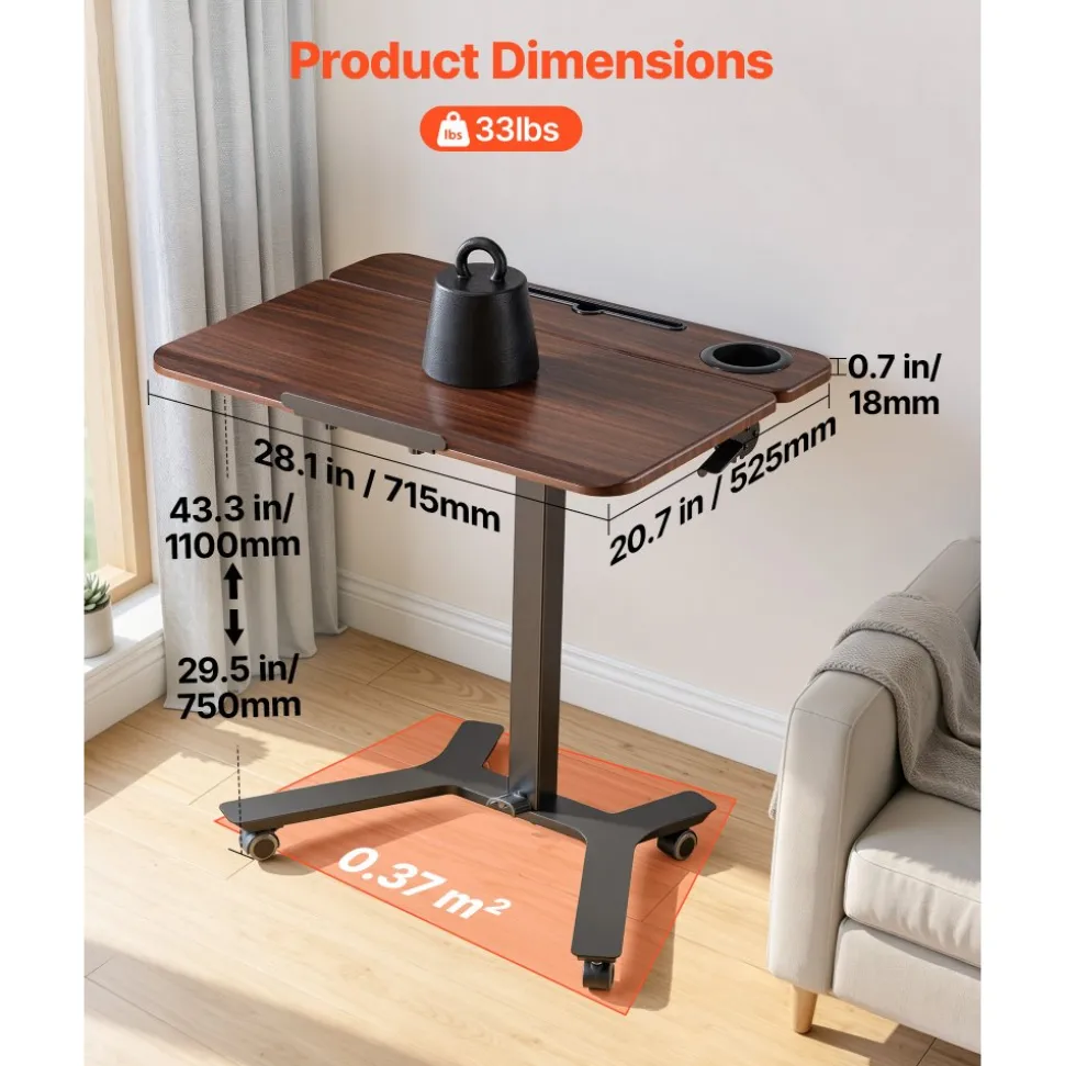 VEVOR Standing Desk, Adjustable Height Mobile Stand Up Desk with Tilting Desktop, 28.2 x 20.7 in Small Computer Sit Stand Workstation, 33 lbs Capacity, Foot Pedal Pneumatic Lift for Home, Office