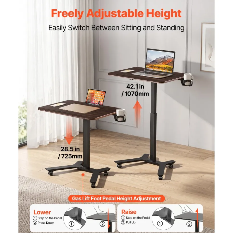 VEVOR Standing Desk, Adjustable Height Mobile Stand Up Desk w/ Casters, 28.2 x 20.5 in Small Computer Sit Stand Rolling Workstation w/ Hook, 33 lbs Capacity, Foot Pedal Pneumatic Lift for Home Office