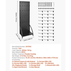 VEVOR Standing Pegboard Display with Base Plate, 23.7 x 66 in Pegboard Display Stand with Casters and 30 Hooks, Thickened Cold-Rolled Steel Peg Board Panel for Retail Store and Jewelry Shop, Black