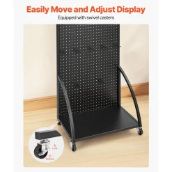 VEVOR Standing Pegboard Display with Base Plate, 23.7 x 66 in Pegboard Display Stand with Casters and 30 Hooks, Thickened Cold-Rolled Steel Peg Board Panel for Retail Store and Jewelry Shop, Black