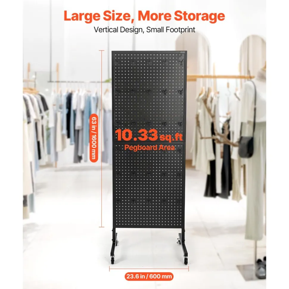 VEVOR Standing Pegboard Display, 23.6 x 63 in Pegboard Display Stand with Swivel Casters and 30 Hooks, Thickened Cold-Rolled Steel Peg Board Panel for Grocery, Retail Store and Jewelry Shop, Black