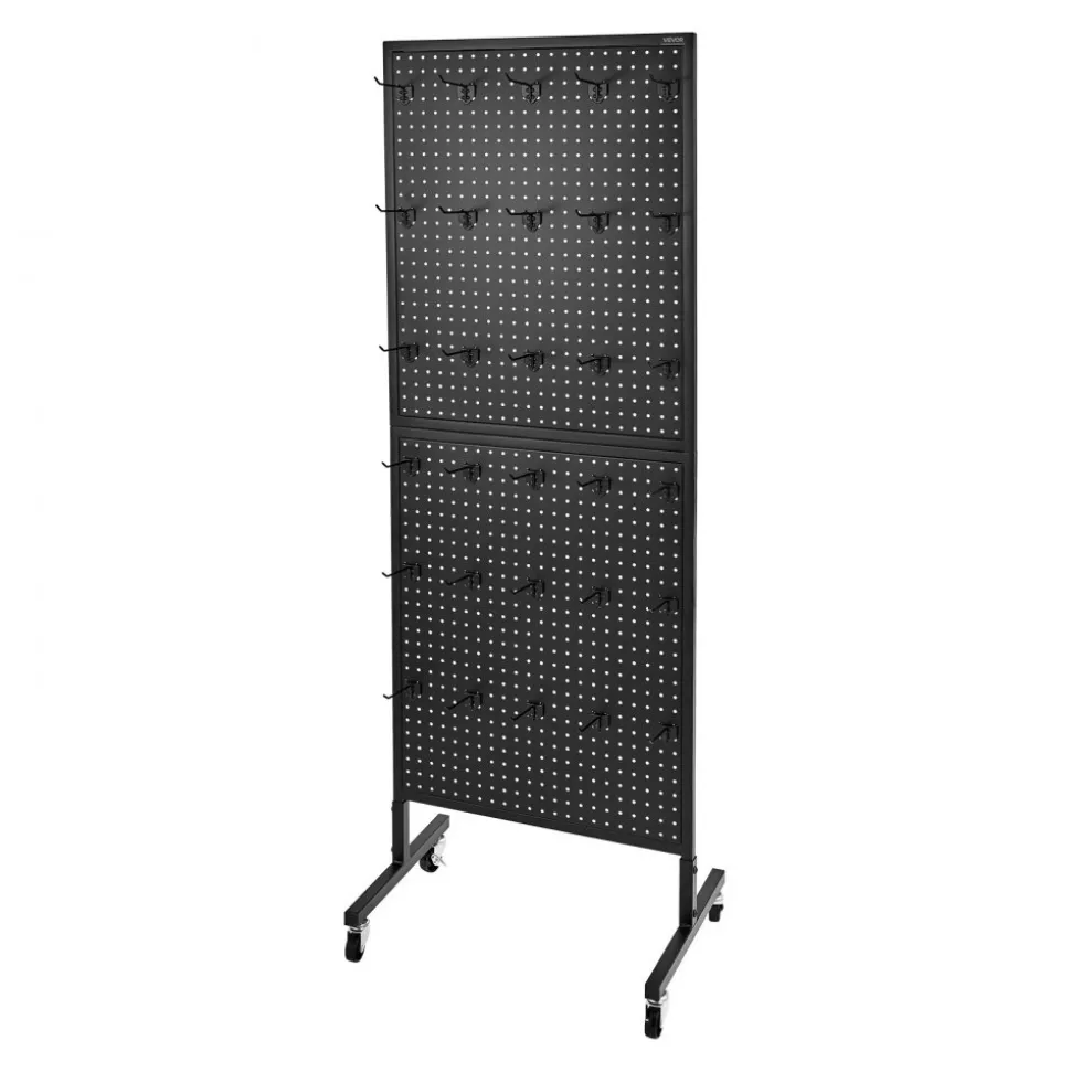 VEVOR Standing Pegboard Display, 23.6 x 63 in Pegboard Display Stand with Swivel Casters and 30 Hooks, Thickened Cold-Rolled Steel Peg Board Panel for Grocery, Retail Store and Jewelry Shop, Black