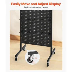 VEVOR Standing Pegboard Display, 23.6 x 63 in Pegboard Display Stand with Swivel Casters and 30 Hooks, Thickened Cold-Rolled Steel Peg Board Panel for Grocery, Retail Store and Jewelry Shop, Black