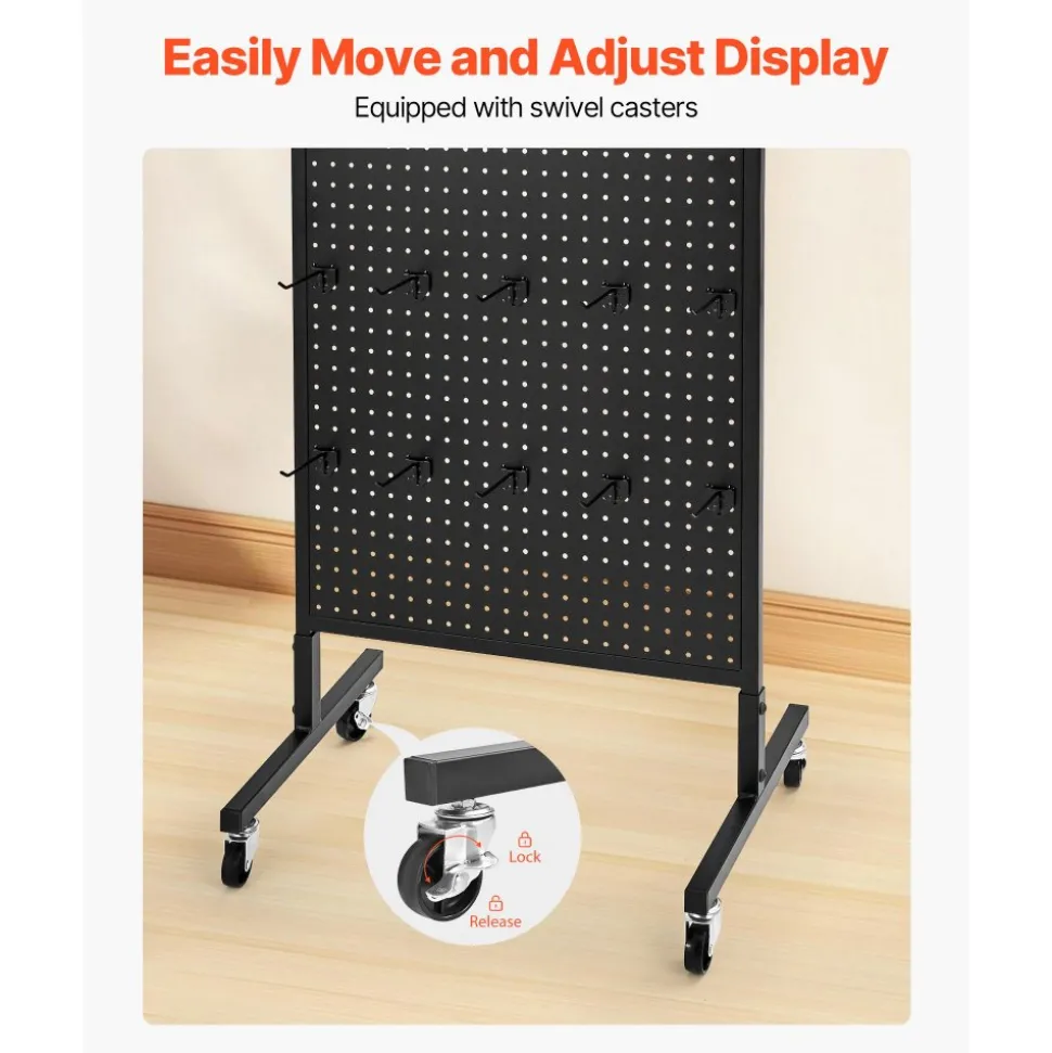 VEVOR Standing Pegboard Display, 23.6 x 63 in Pegboard Display Stand with Swivel Casters and 30 Hooks, Thickened Cold-Rolled Steel Peg Board Panel for Grocery, Retail Store and Jewelry Shop, Black