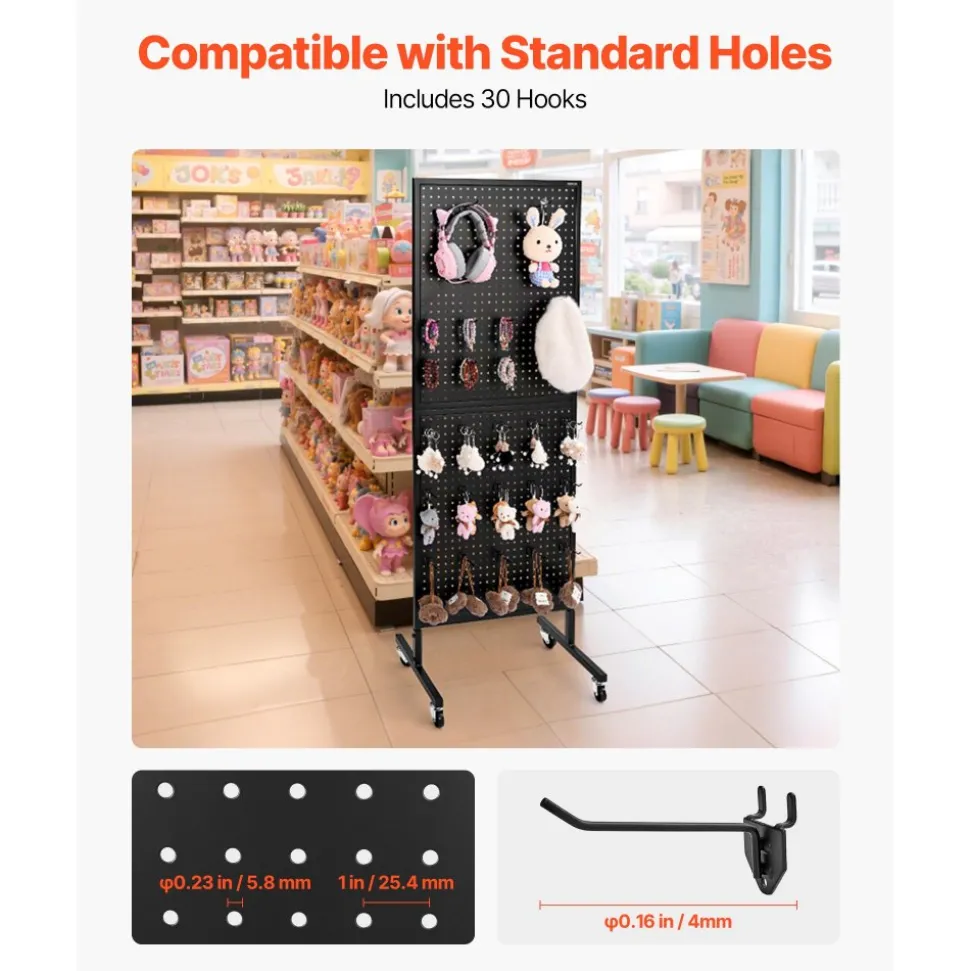 VEVOR Standing Pegboard Display, 23.6 x 63 in Pegboard Display Stand with Swivel Casters and 30 Hooks, Thickened Cold-Rolled Steel Peg Board Panel for Grocery, Retail Store and Jewelry Shop, Black