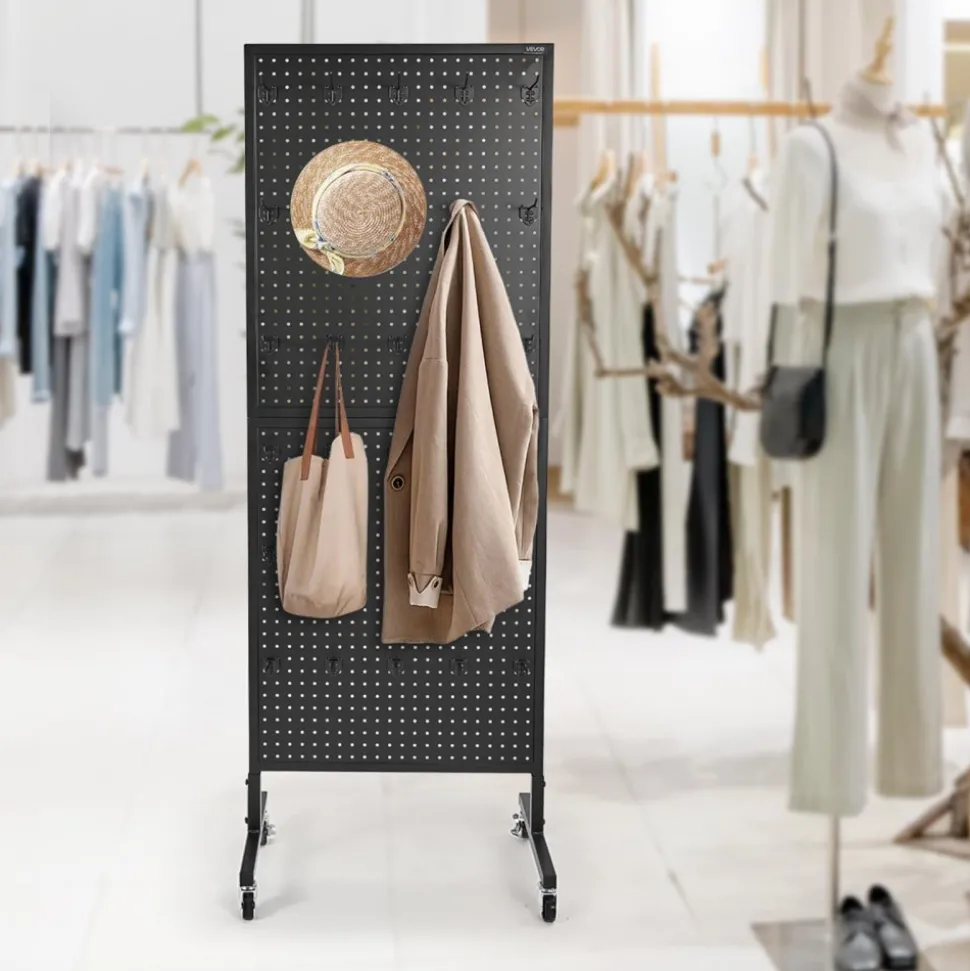 VEVOR Standing Pegboard Display, 23.6 x 63 in Pegboard Display Stand with Swivel Casters and 30 Hooks, Thickened Cold-Rolled Steel Peg Board Panel for Grocery, Retail Store and Jewelry Shop, Black
