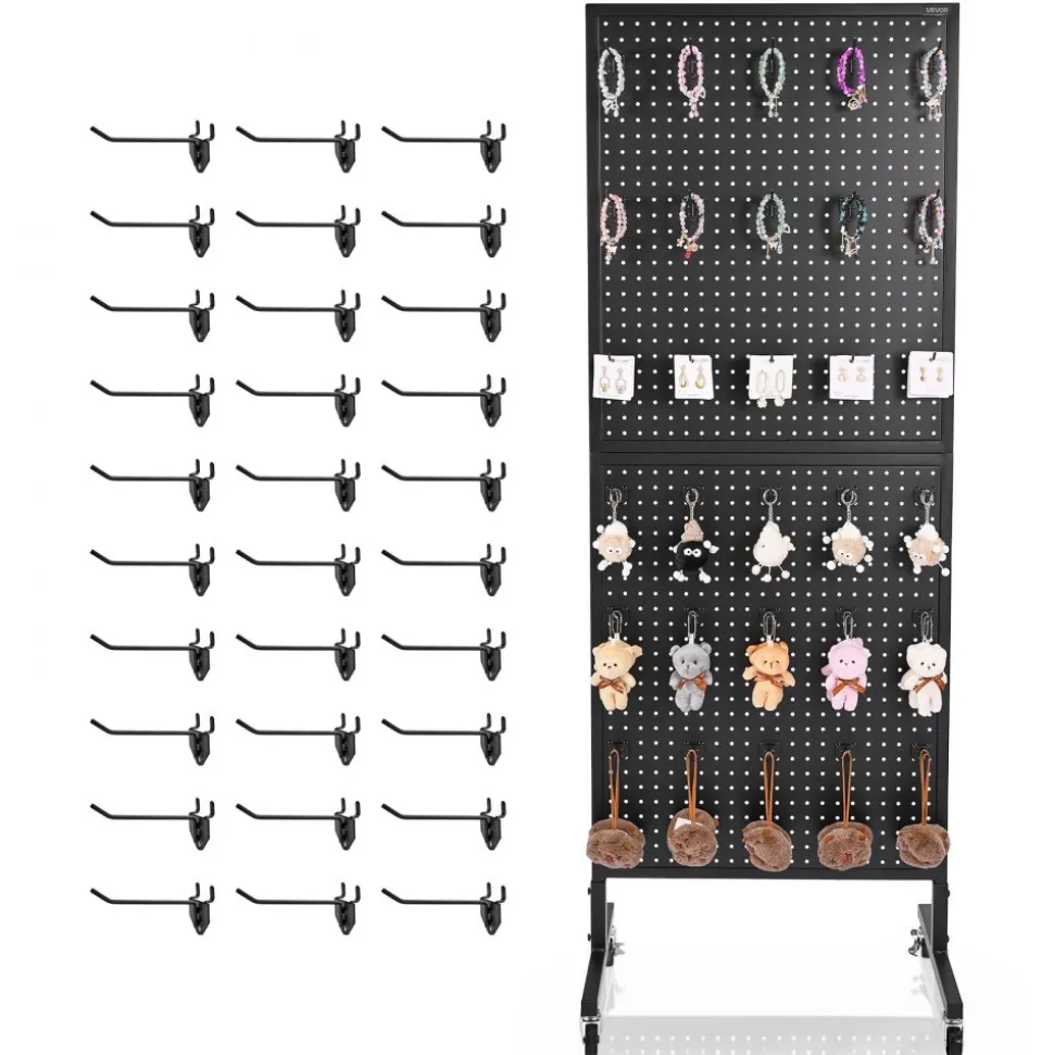 VEVOR Standing Pegboard Display, 23.6 x 63 in Pegboard Display Stand with Swivel Casters and 30 Hooks, Thickened Cold-Rolled Steel Peg Board Panel for Grocery, Retail Store and Jewelry Shop, Black