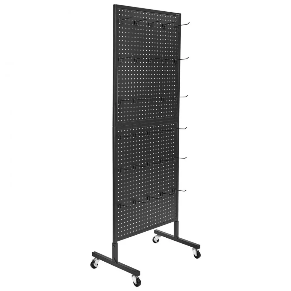 VEVOR Standing Pegboard Display, 23.6 x 63 in Pegboard Display Stand with Swivel Casters and 30 Hooks, Thickened Cold-Rolled Steel Peg Board Panel for Grocery, Retail Store and Jewelry Shop, Black