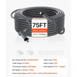VEVOR Starlink Gen 2 Cable, 75 FT, 24 AWG Copper Core, Durable Extension Cable for Standard Generation 2, Compatible with Starlink Rectangular Satellite V2, Flexible Wiring for RV, Backyard or Camping