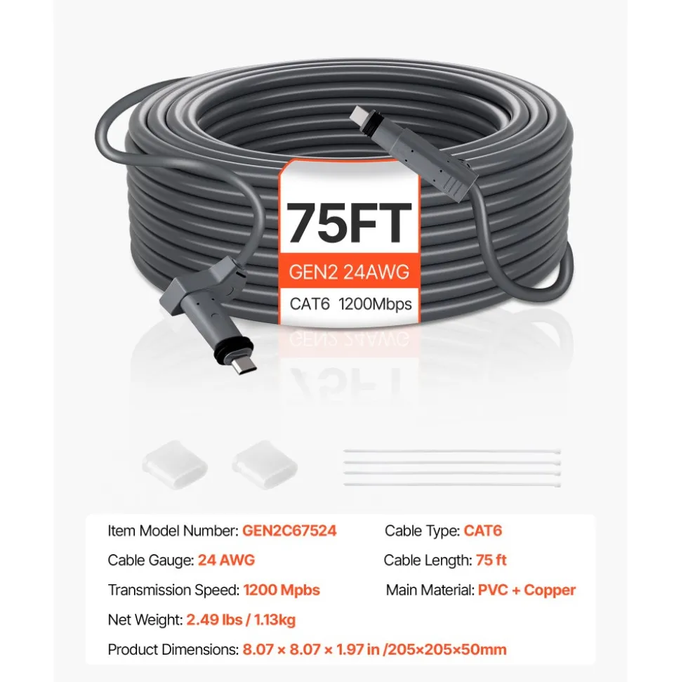 VEVOR Starlink Gen 2 Cable, 75 FT, 24 AWG Copper Core, Durable Extension Cable for Standard Generation 2, Compatible with Starlink Rectangular Satellite V2, Flexible Wiring for RV, Backyard or Camping
