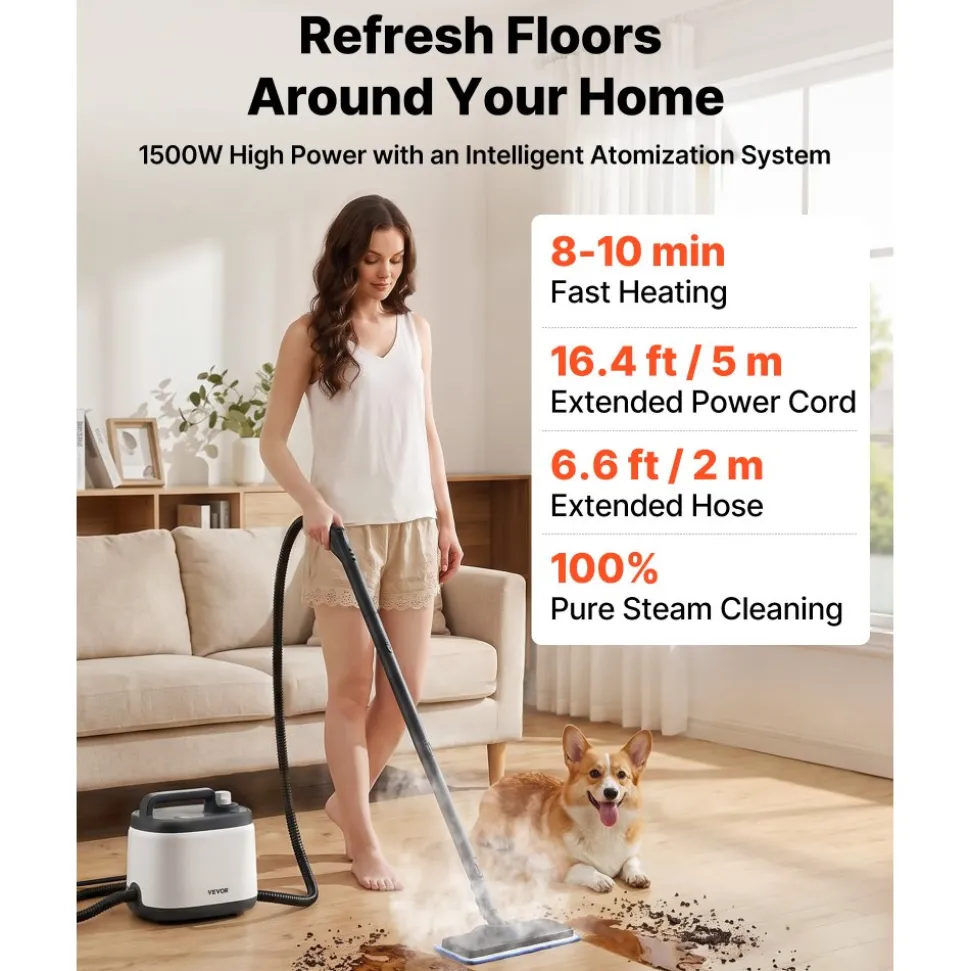 VEVOR Steam Cleaner, 51 oz Tank, Steamer for Cleaning with 19 Accessories, Extended Power Cord and Hose, Portable Handle, Fast Heating, Powerful Canister Steam Cleaner for Home, Car Detailing, Floors