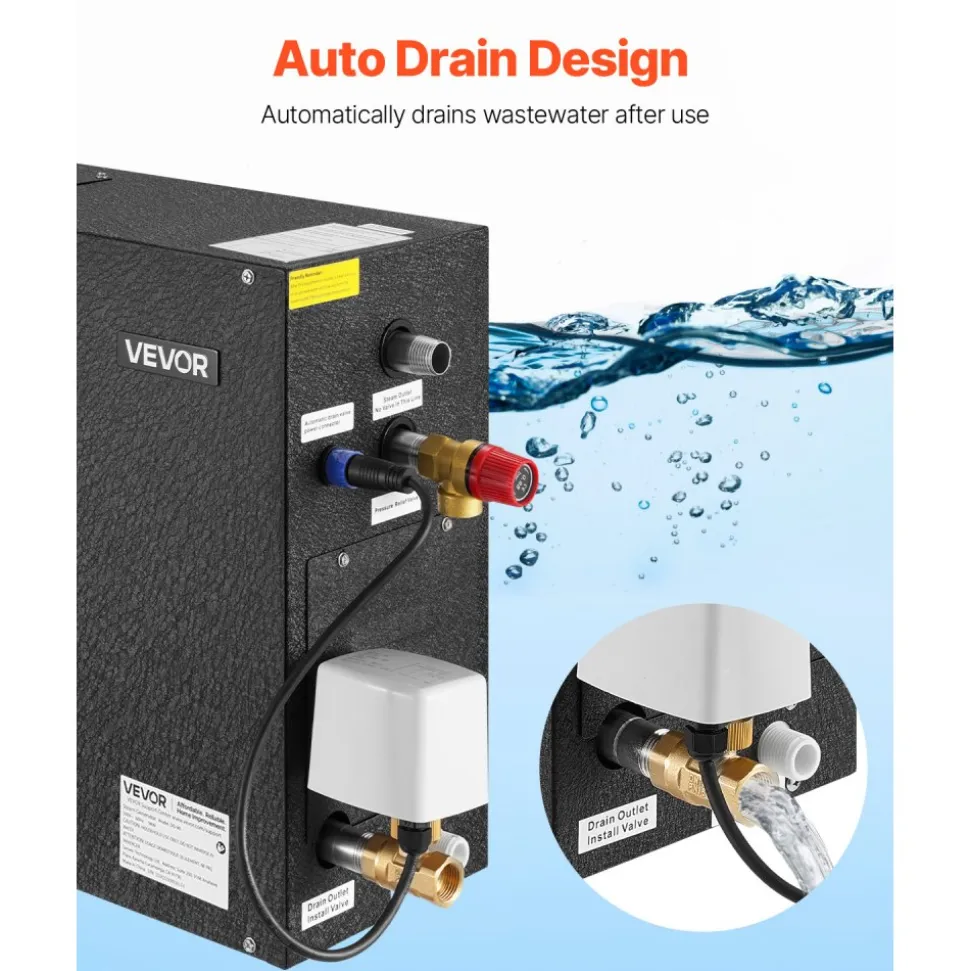 VEVOR Steam Generator, 9 kW Steam Shower System with Controller for Home Sauna Bath Spa, Commercial Auto Drain Kit with Overheat, Dry-Run & Overpressure Protection, 10 Min to 24h Efficient, Black