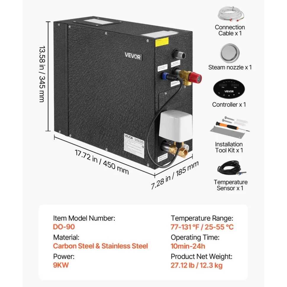 VEVOR Steam Generator, 9 kW Steam Shower System with Controller for Home Sauna Bath Spa, Commercial Auto Drain Kit with Overheat, Dry-Run & Overpressure Protection, 10 Min to 24h Efficient, Black