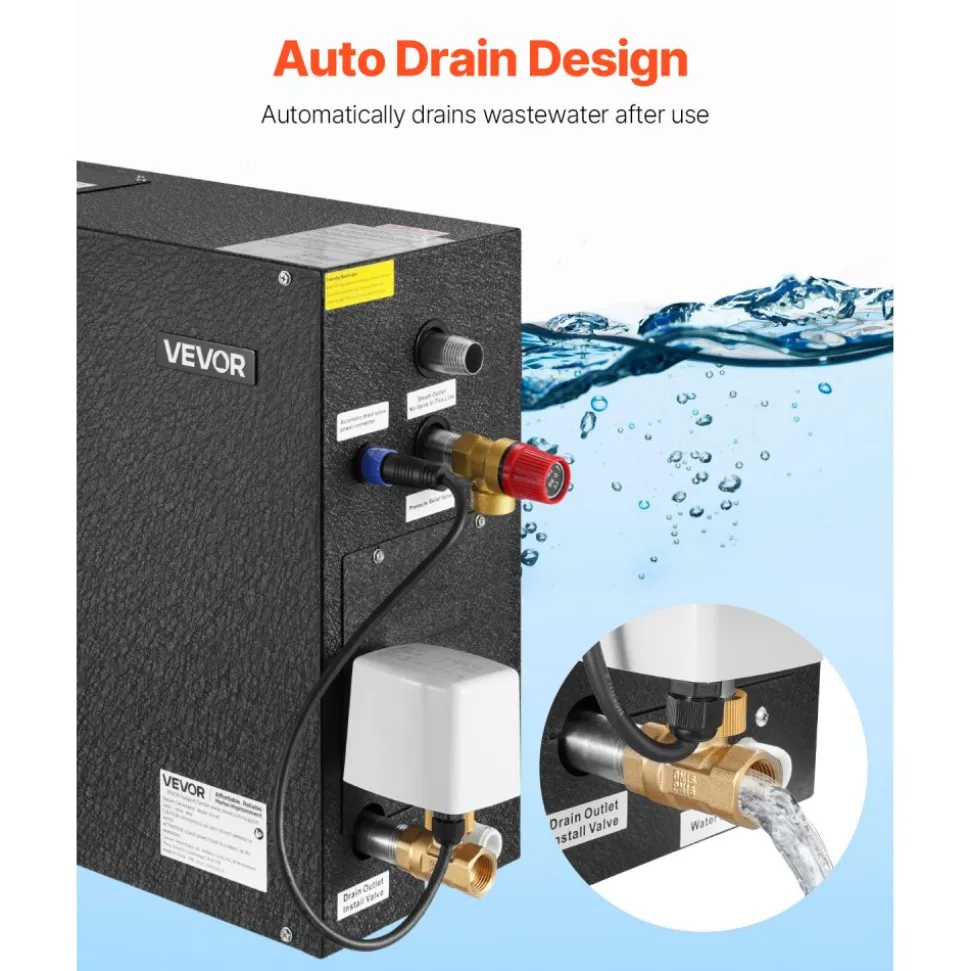 VEVOR Steam Generator, 4 kW Steam Shower System with Controller for Home Sauna Bath Spa, Commercial Auto Drain Kit with Overheat, Dry-Run & Overpressure Protection, 10 Min to 24h Efficient, Black