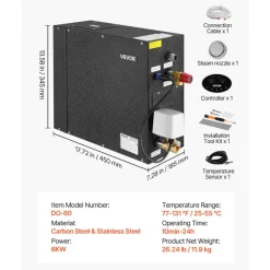 VEVOR Steam Generator, 6 kW Steam Shower System with Controller for Home Sauna Bath Spa, Commercial Auto Drain Kit with Overheat, Dry-Run & Overpressure Protection, 10 Min to 24h Efficient, Black