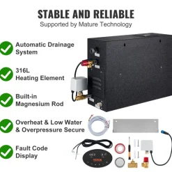 VEVOR Steam Shower Generator, 10.5 kW, Segmented Heating & Temperature Customization & 24h Timer Steam Bath Kit, Automatic Drainage Luxury Home Steam Shower System, Acrylic Tested to UL Standards
