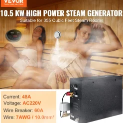 VEVOR Steam Shower Generator, 10.5 kW, Segmented Heating & Temperature Customization & 24h Timer Steam Bath Kit, Automatic Drainage Luxury Home Steam Shower System, Acrylic Tested to UL Standards