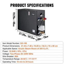 VEVOR Steam Shower Generator, 10.5 kW, Segmented Heating & Temperature Customization & 24h Timer Steam Bath Kit, Automatic Drainage Luxury Home Steam Shower System, Acrylic Tested to UL Standards